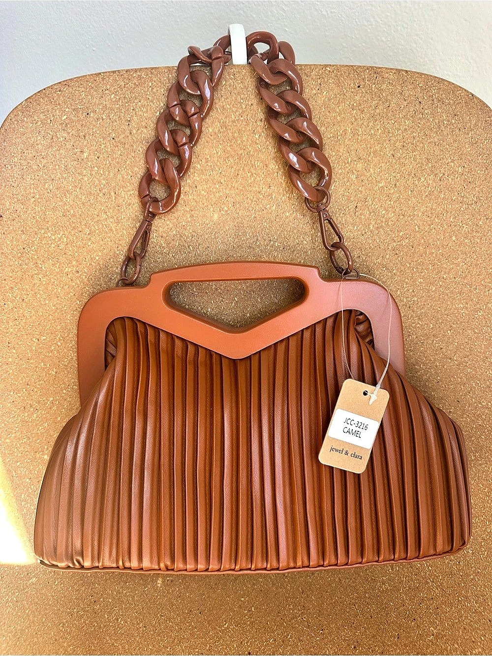 Jewel & Clara Pleated Shoulder Bag in Camel